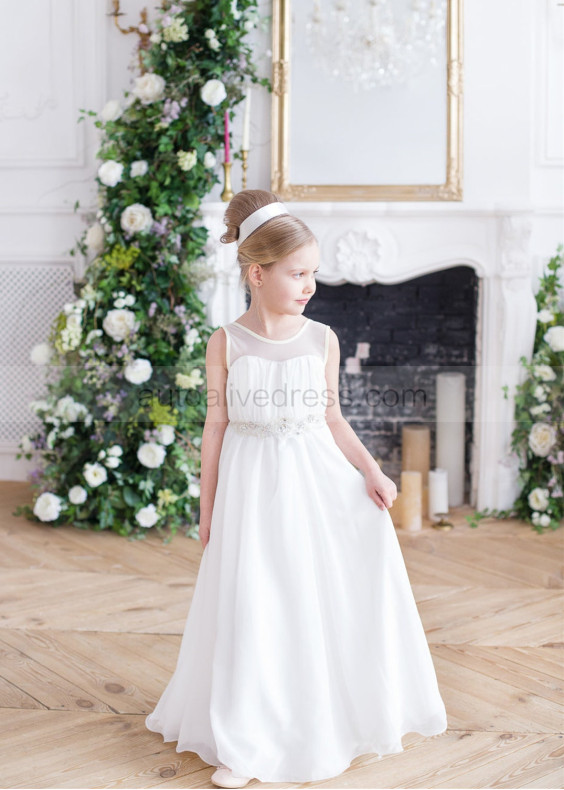 Ivory Chiffon Beaded Belt Long Flower Girl Dress